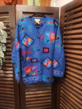 L.L. Bean Vintage Blue Geometric Button Cardigan